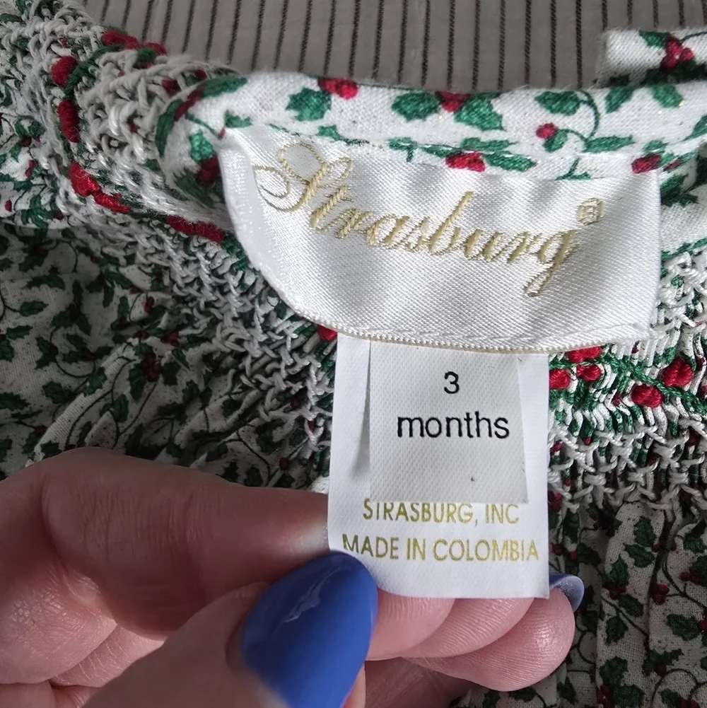 NWT Strasburg Smocked Long Sleeve 3 Month Baby Dress Christmas Holly Berry